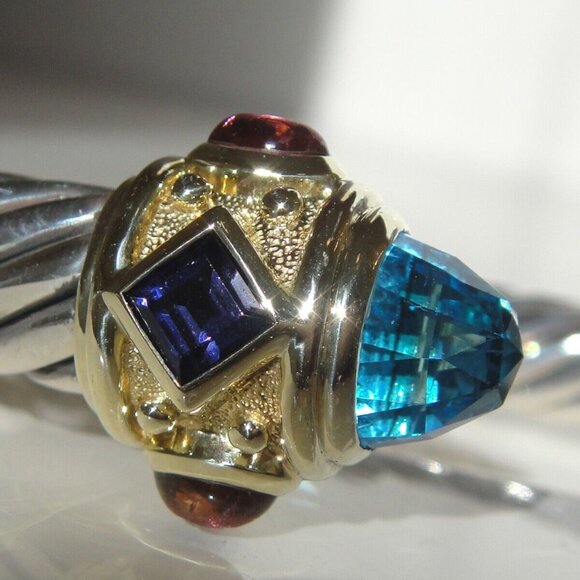 Vintage David Yurman Renaissance  Blue Topaz, Garnet & Iolite bracelet 9mm cable - Picture 2 of 7